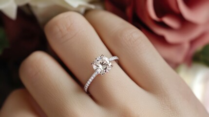 Elegant diamond engagement ring on a woman's hand close up shot