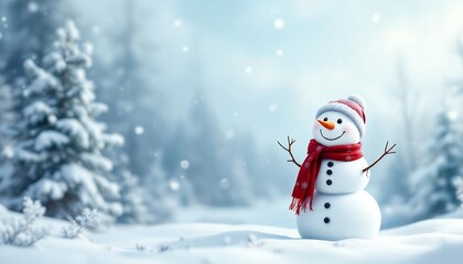 Fototapeta premium Cheerful-Snowman-in-Winter-Forest-with-Snowfall