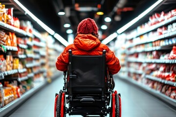Obraz premium A powered wheelchair user shopping independently in a grocery store, reaching for items on the shelves with ease