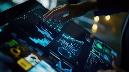 Fototapeta premium Interactive Data Analysis, Hand Touching a Digital Screen Displaying Complex Data Visualizations and Charts
