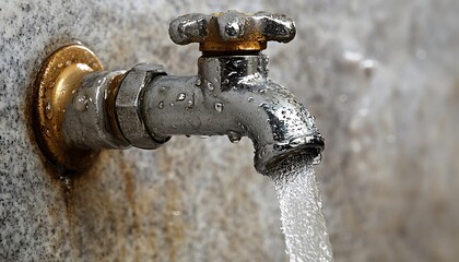 Water flowing from outdoor tap on stone wall