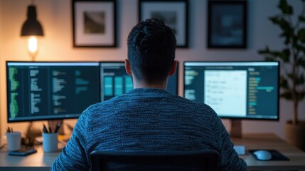 A focused programmer working late at night in a dimly lit home office, surrounded by dual monitors displaying code and text, showcasing the essence of remote work and software development.