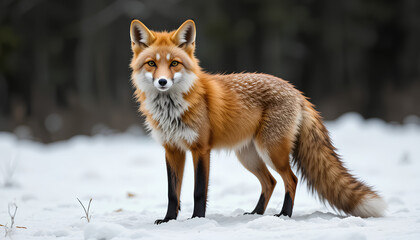 Obraz premium Elegant red fox standing gracefully on a snowy landscape, showcasing its vibrant orange fur and fluffy bushy tail. Surrounded by a serene winter forest, this image captures the charm of wildlife
