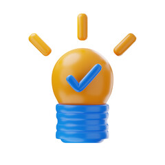 3D rendering of a light bulb with a blue checkmark and three radiating orange lines. Isolated on a light background.