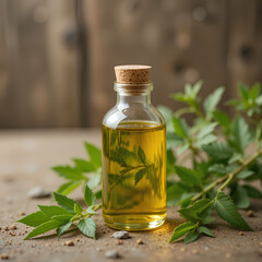 Glass bottle containing golden yellow essential oil surrounded by fresh green leaves, placed on a rustic wood surface. Perfect for wellness, health, and natural remedy themes.