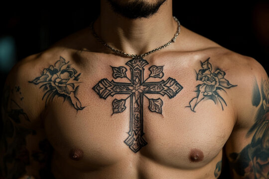 Close-up of a detailed cross tattoo on a muscular man's chest, showcasing body art and religious symbolism