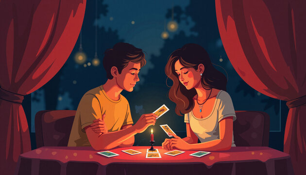 Young couple reading tarot cards by candlelight in cozy setting, intimacy