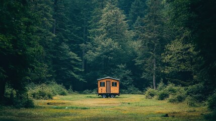 A tiny house on wheels parked in a serene forest clearing