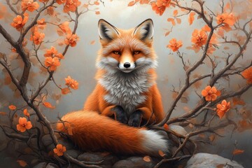 Obraz premium A regal nine-tailed fox sitting on a throne made of intertwined branches and glowing flowers