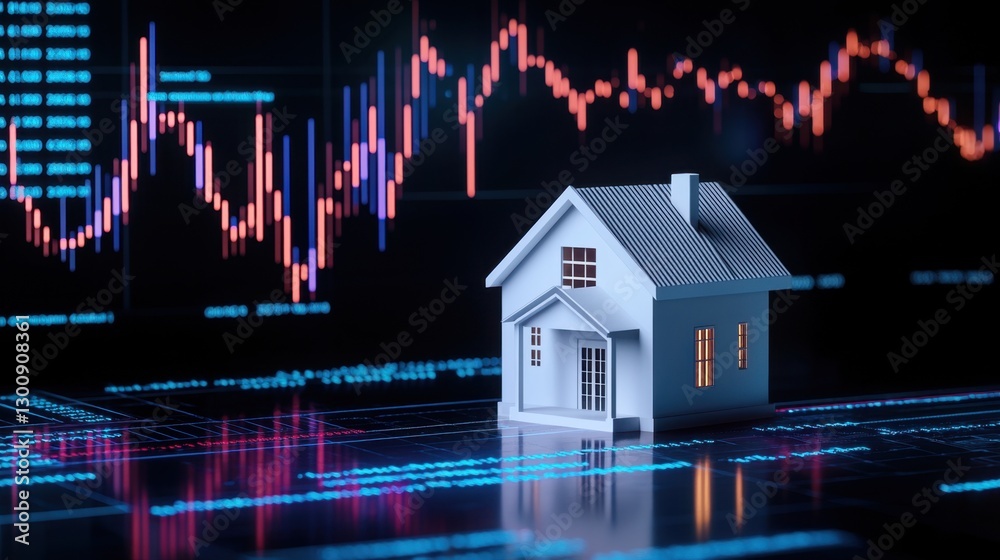 Poster miniature house model on digital financial chart with graphs and data visualization elements in back