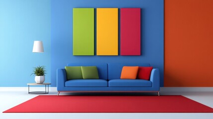 Colorful living room interior with a blue sofa, a colorful abstract painting on the wall