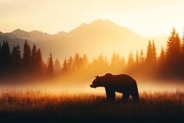 A silhouette of a bear standing against a gradient sunset, with its details simplified to elegant shapes