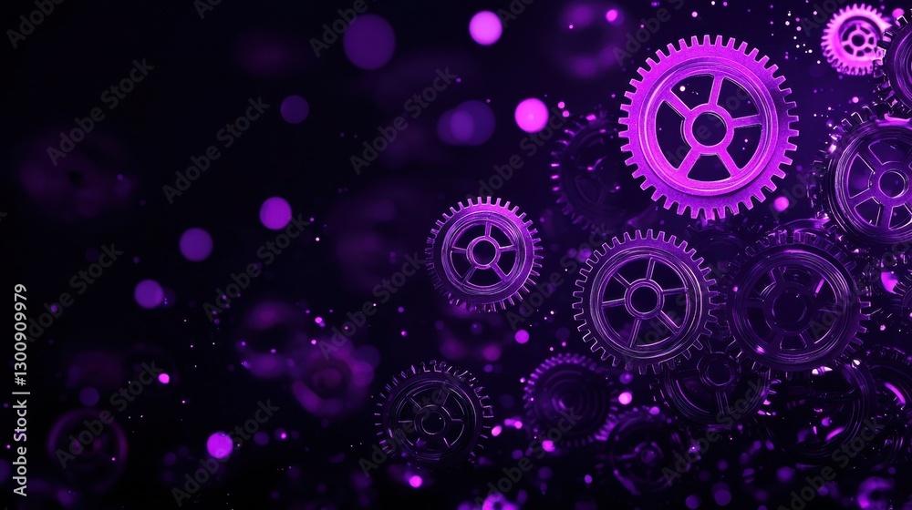 Poster abstract representation of gears in purple tones with a sparkling background emphasizing technology 