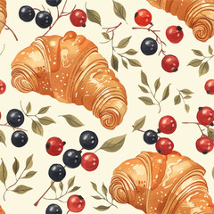 Sweet seamless pattern croissants and berries on a light background