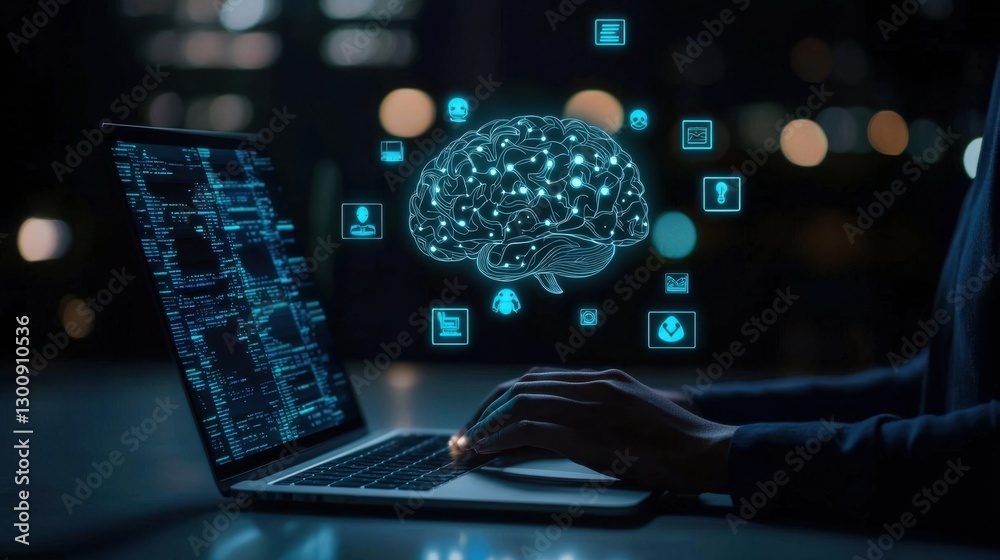 Poster a person using a laptop with glowing brain graphic representing artificial intelligence and data pro