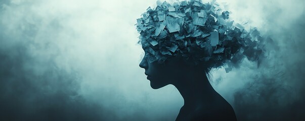 Emotional distress visualized as silhouette of a troubled person s head, anxiety and negative emotion concept, waste paper symbolizing mental clutter, moody and dark atmosphere
