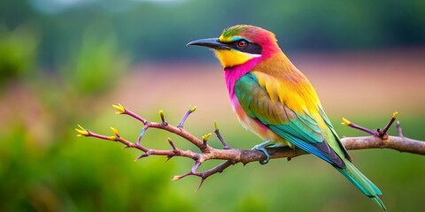 Fototapeta premium Vibrant Rainbow Bird Perched on a Branch in a Serene Natural Setting