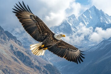 Obraz premium Bald eagle flying over snowy mountain range, displaying freedom and power in wild nature