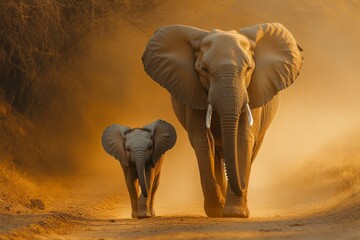 Obraz premium Elephant cow and calf walking through golden dust at sunset in african savanna