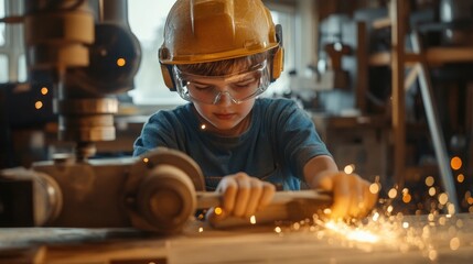 A boy wearing protective glasses and a helmet works with an electric lathe at the factory, creating wooden planks from raw wood.