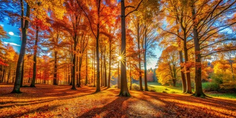 Golden Hour in an Autumnal Woodland, Sunlight Filtering Through Vibrant Canopy, Casting Long Shadows on the Fallen Leaves