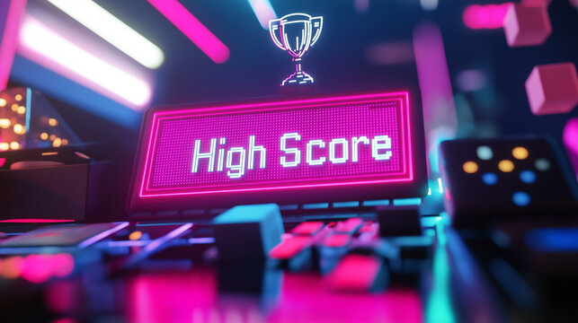 A digital display showing "High Score" with a trophy icon and neon gaming elements. - Powered by Adobe