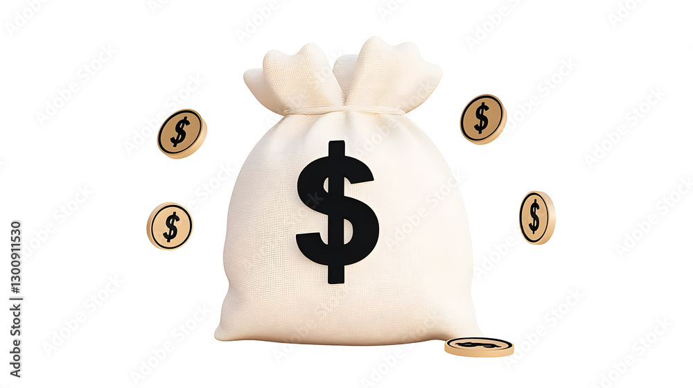 Poster stylized 3d cartoon design of a money sack with a dollar sign coins bouncing around it in a fun dyna