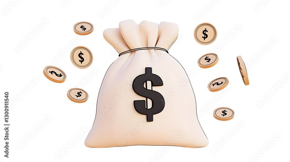 Aufkleber stylized 3d cartoon design of a money sack with a dollar sign coins bouncing around it in a fun dyna