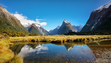 Obraz premium small lake and mountains in fiordland national park