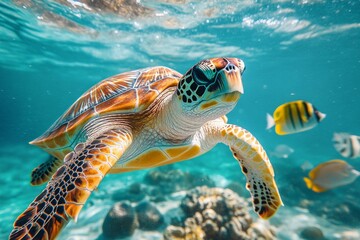 Fototapeta premium Green sea turtle glides through crystal-clear turquoise water, sharing its habitat with vibrant tropical fish and coral reef