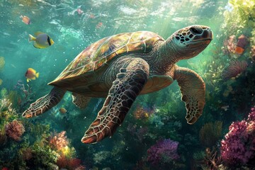Obraz premium Majestic sea turtle glides through a vibrant coral reef, sharing its home with colorful tropical fish