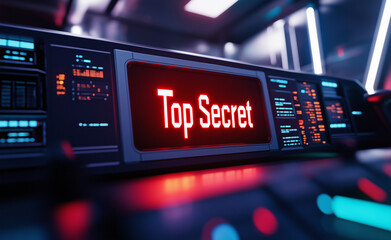 A close-up of a digital screen displaying "Top Secret" with red text and futuristic interface elements.