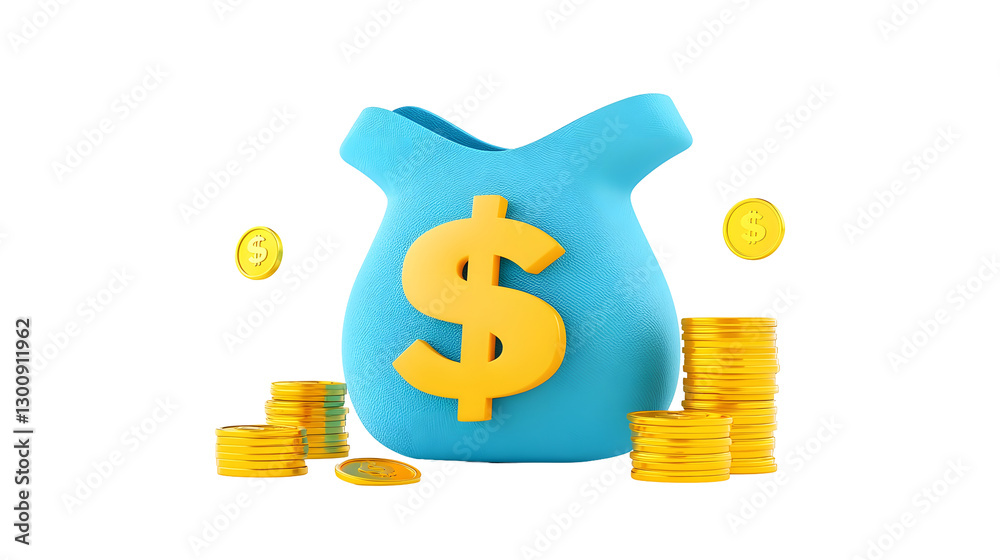 Aufkleber cartoon 3d of a large money bag with a glowing dollar symbol surrounded by stacks of shiny gold coin