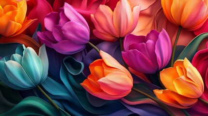 Fototapeta premium Hyper-realistic 3D tulips in vibrant colors, forming a seamless background