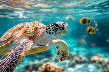Obraz premium Green sea turtle swimming in its natural habitat, surrounded by colorful fish and coral reef