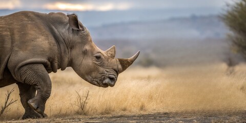 Fototapeta premium a majestic white rhinoceros walking through dry grasslands. Its powerful form and imposing horn are evident, highlighting its presence and strength in its natural habitat