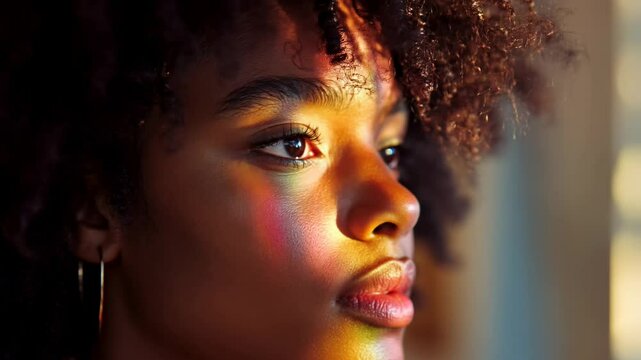 African american woman with glitter makeup and colorful lights. Pride month celebration. Inspiring portrait for diversity, equality, and self-expression