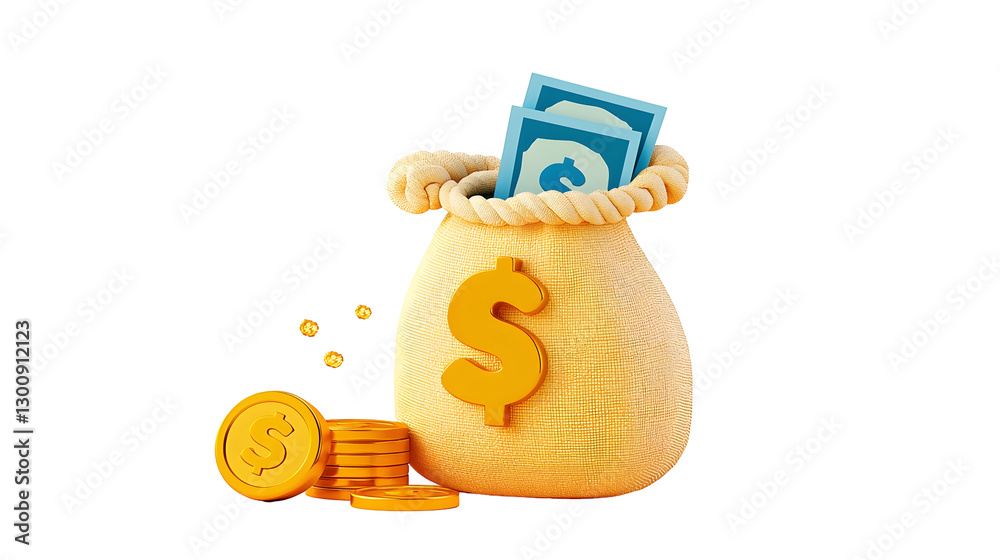 Aufkleber Stylized 3D cartoon rendering of a money sack with a tied rope placed next to sparkling dollar coins representing smart financial planning and financial security  Isolated on a transparent background
