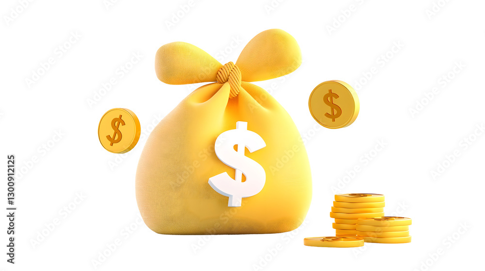 Aufkleber stylized 3d cartoon rendering of a money sack with a tied rope placed next to sparkling dollar coins