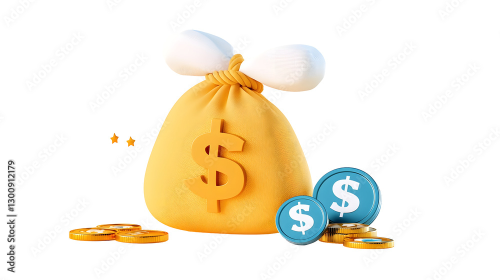 Poster Stylized 3D cartoon rendering of a money sack with a tied rope placed next to sparkling dollar coins