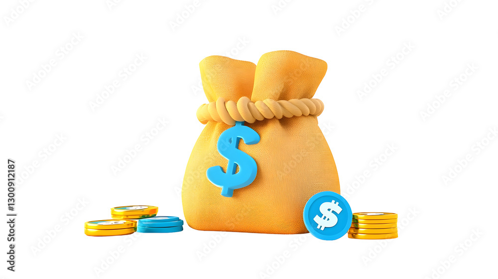 Aufkleber Stylized 3D cartoon rendering of a money sack with a tied rope placed next to sparkling dollar coins representing smart financial planning and wealth management on an isolated transparent background