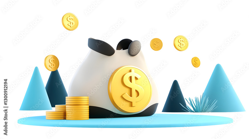 Poster vibrant 3d cartoon money bag design with floating coins surrounding it representing the concept of w