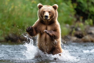 Fototapeta premium Brown bear standing on its hind legs in a river, catching salmon, with water splashing around it