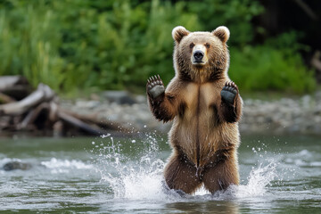 Fototapeta premium Brown bear standing on its hind legs in a river, catching salmon, with water splashing around it