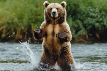 Fototapeta premium Large brown bear standing on hind legs in a river, fishing for salmon