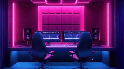 Modern Music Production Studio with Neon Lighting and Dual Monitors in a Creative Space