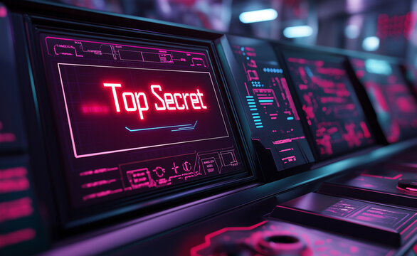 A close-up of a digital screen displaying "Top Secret" with red text and futuristic interface elements. - Powered by Adobe