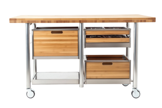 Wooden Kitchen Island With Drawers And Stainless Steel Frame Isolated On Transparent Background