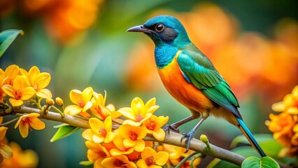 Fototapeta premium Vibrant avian wonder perched delicately on a branch adorned with sunny yellow blossoms, a breathtaking display of nature's artistry.
