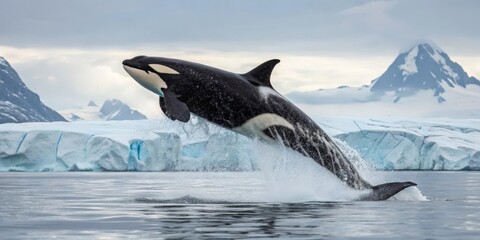 Fototapeta premium a majestic killer whale leaps out of the water near icy glaciers. The orca displays its iconic black and white pattern